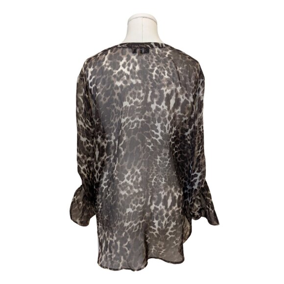 Como Black Womens Long Sleeve Blouse Leopard Print Sheer Henley Neckline Sz L - Picture 4 of 10